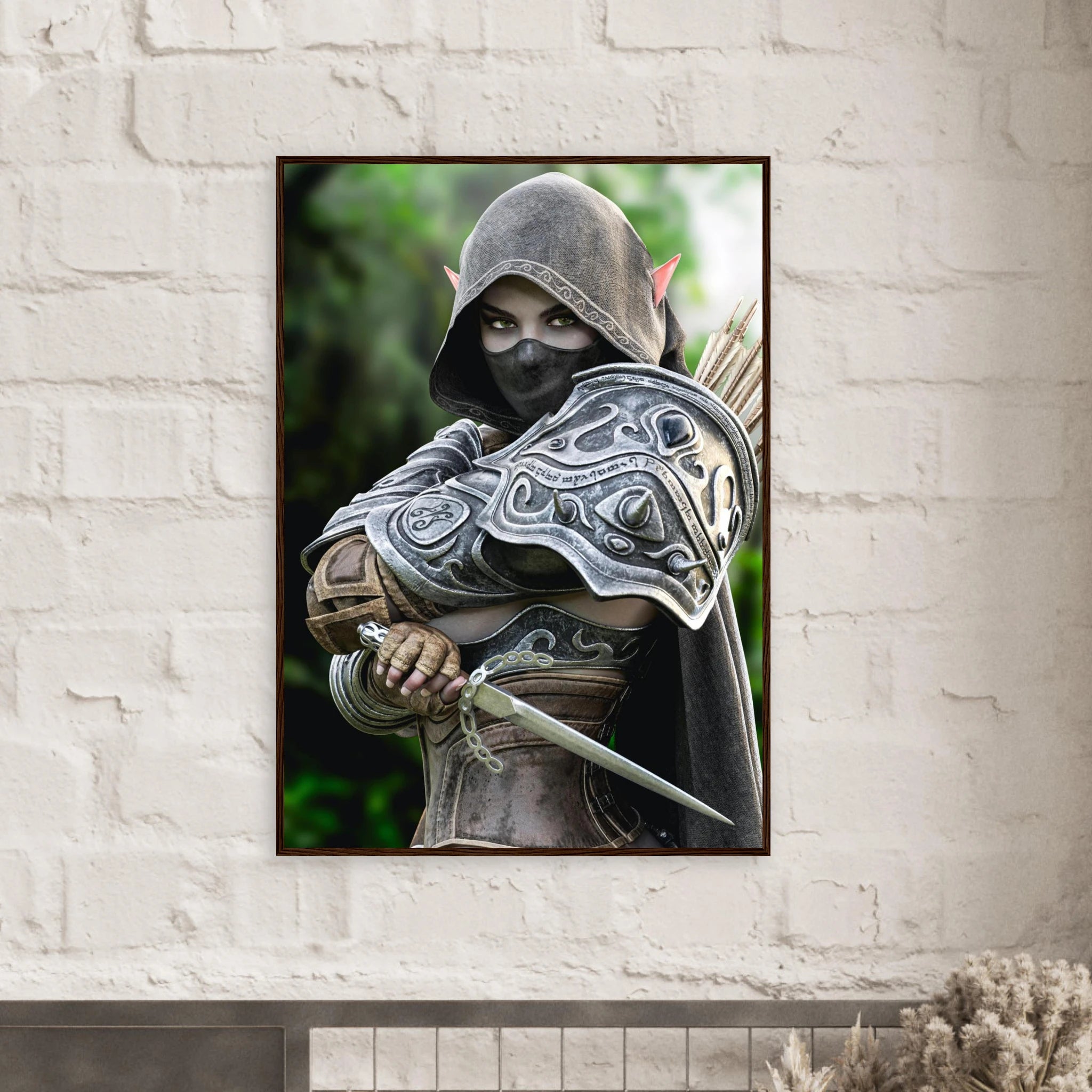 Hooded Dark Elf Rogue Assassin wall art featuring a masked female elven warrior with emerald eyes, engraved silver armor, a razor-sharp dagger, and a quiver of arrows in an enchanted forest. Handcrafted fantasy artwork perfect for gaming rooms, RPG fans, and medieval fantasy décor.