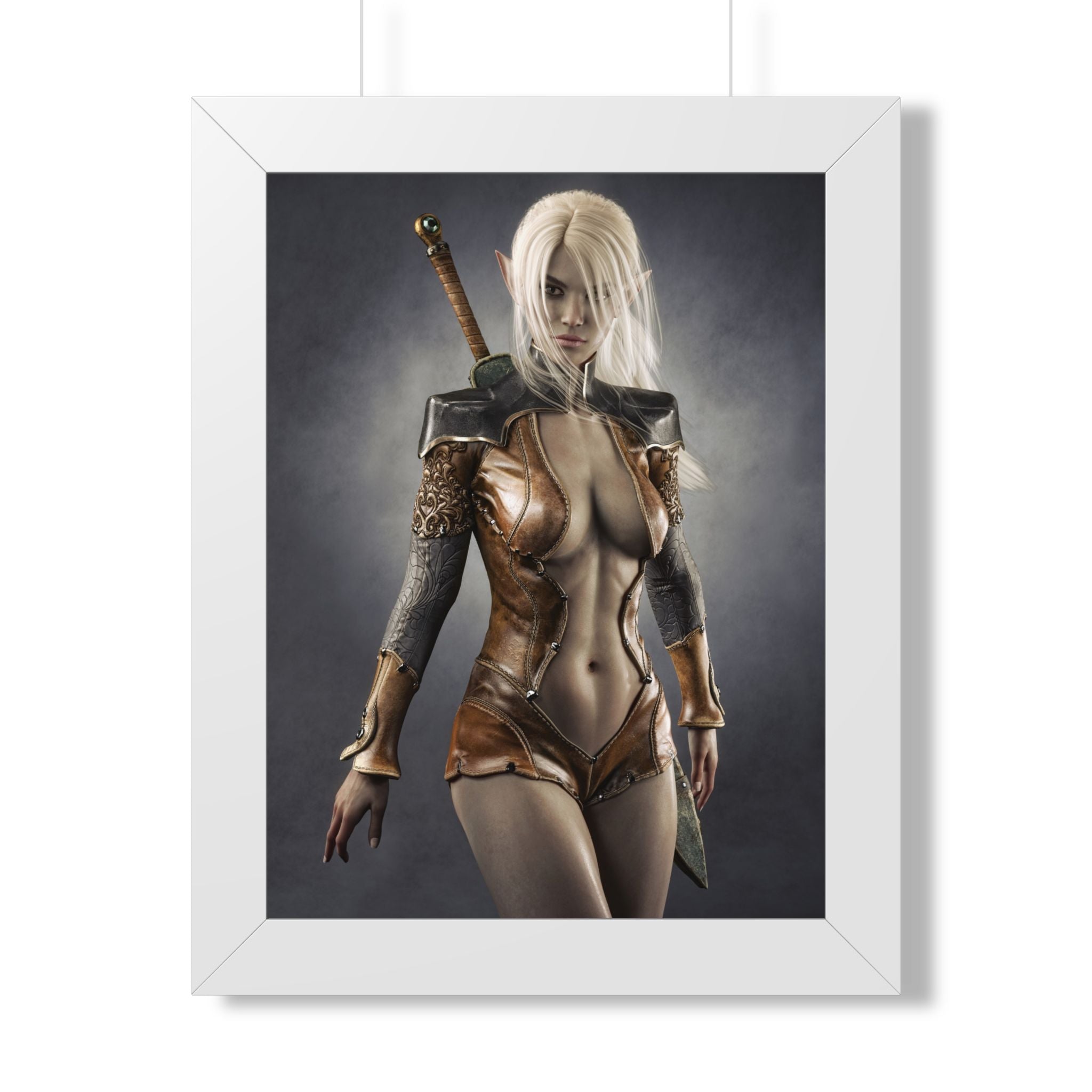 White-haired dark elf warrior in ornate leather armor with a sword on her back, standing confidently in a dramatic fantasy portrait.