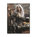 Dark elf warrior with flowing silver hair relaxes in a medieval tavern, holding a frothy ale beside her sword and shield near a glowing hearth.