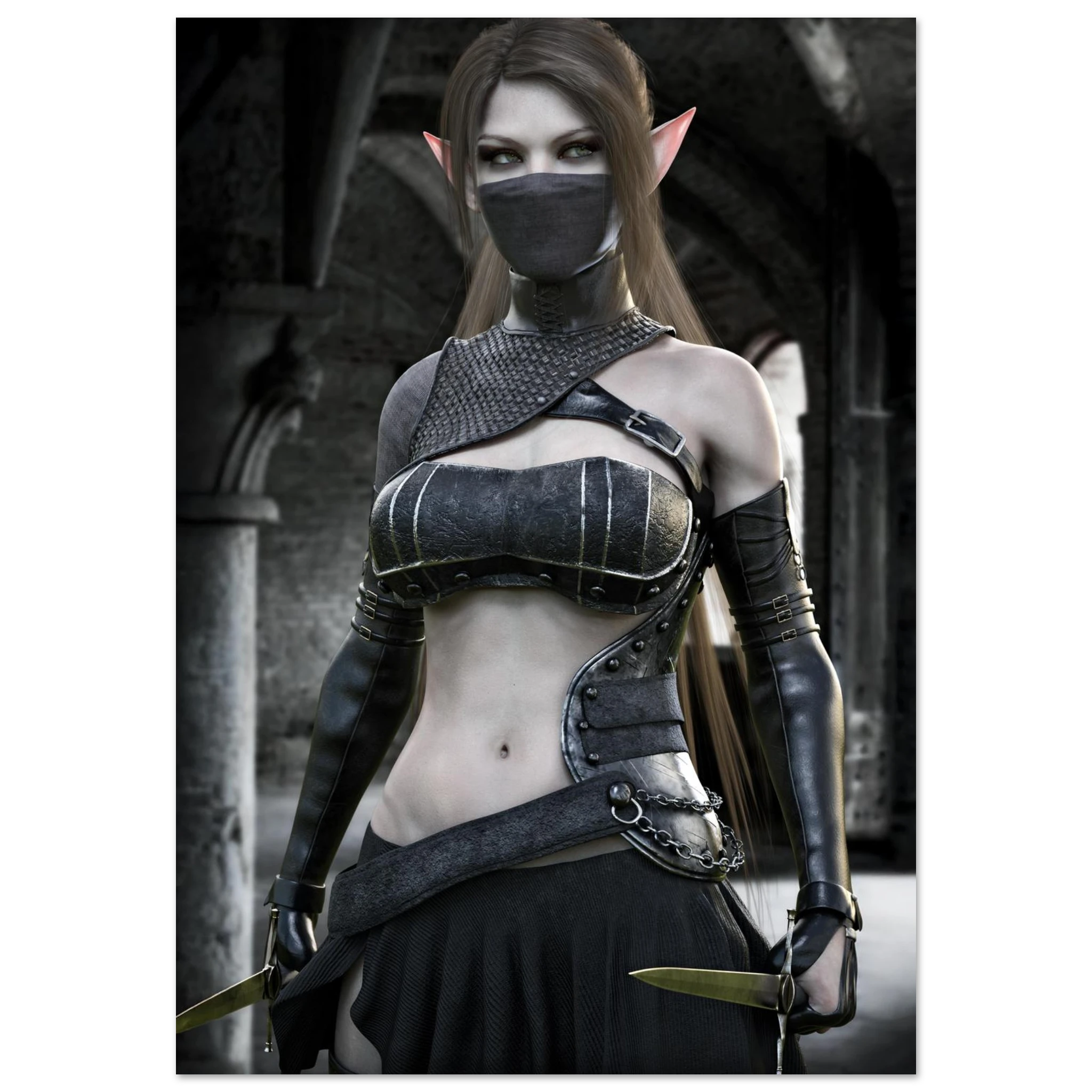 A fantasy elf woman wearing a dark black and gray leather-like costume with a face mask, pointed ears, and holding two short swords in a stone archway setting.