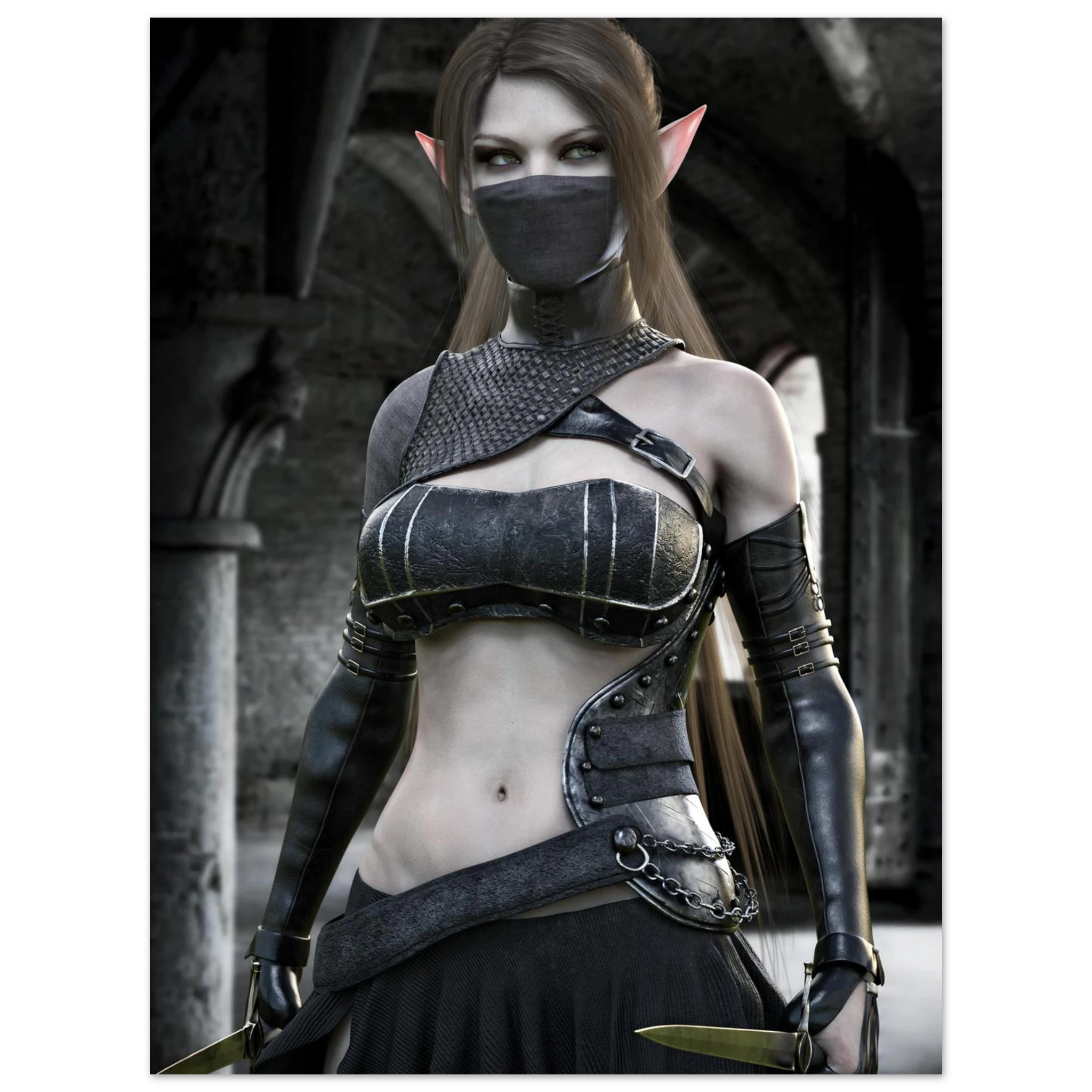 A fantasy elf woman wearing dark metallic armor and a black face mask, standing in a stone archway setting.