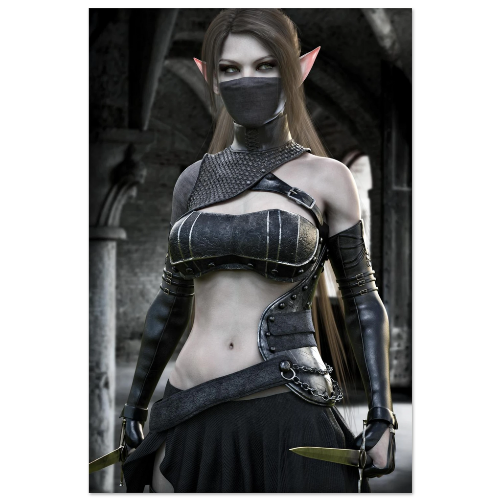 A woman with pointed ears wearing a dark fantasy elf-inspired costume, including a black face mask, black leather-look arm sleeves, a cropped black top with metallic trim, and a black skirt, posed in a dim stone corridor while holding a knife.