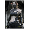 A woman with pointed ears wearing a dark fantasy elf-inspired costume, including a black face mask, black leather-look arm sleeves, a cropped black top with metallic trim, and a black skirt, posed in a dim stone corridor while holding a knife.