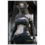 A woman with pointed ears wearing a dark fantasy elf-inspired costume, including a black face mask, black leather-look arm sleeves, a cropped black top with metallic trim, and a black skirt, posed in a dim stone corridor while holding a knife.