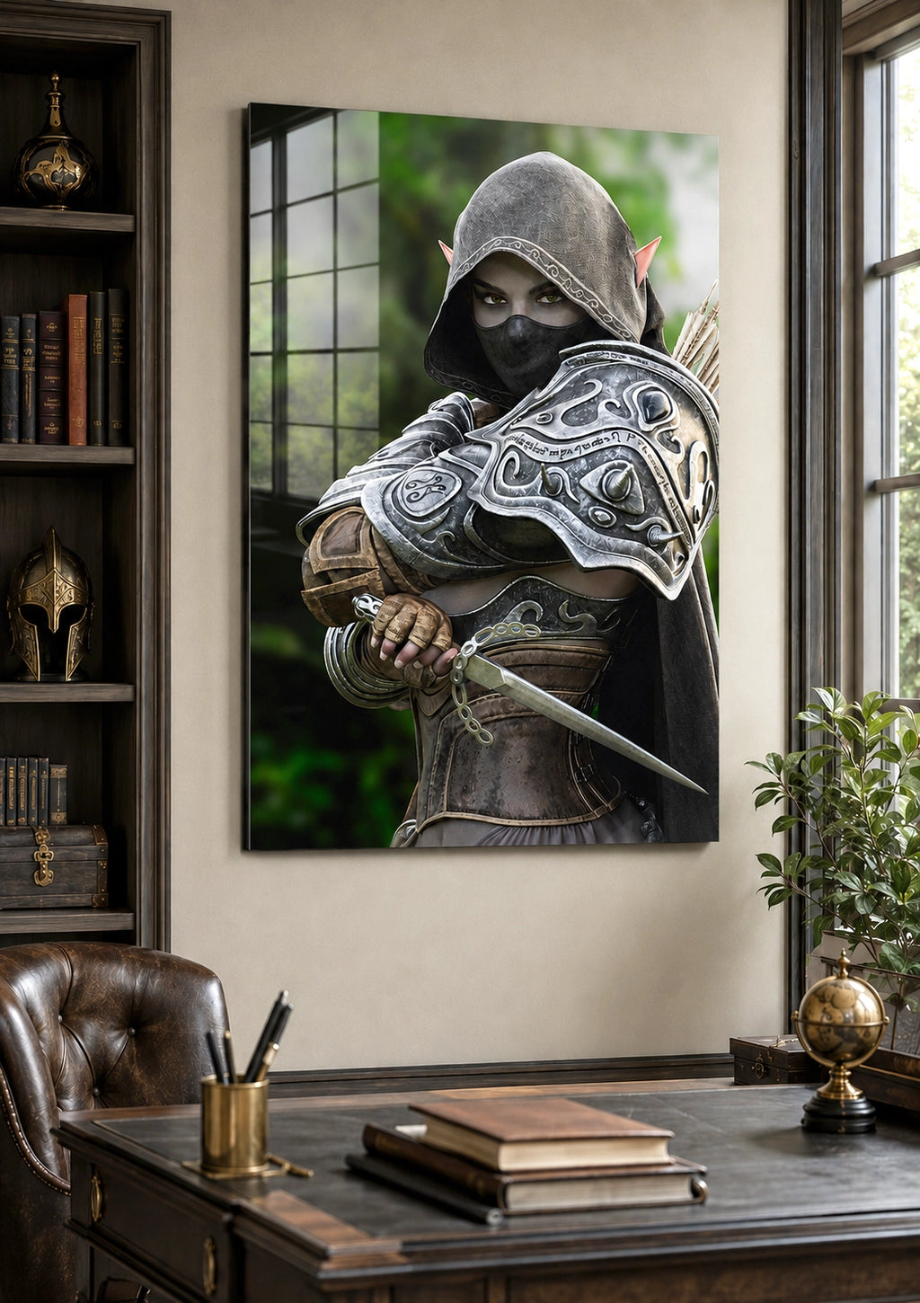 Hooded Dark Elf Rogue Assassin wall art featuring a masked female elven warrior with emerald eyes, engraved silver armor, a razor-sharp dagger, and a quiver of arrows in an enchanted forest. Handcrafted fantasy artwork perfect for gaming rooms, RPG fans, and medieval fantasy décor.