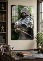 Hooded Dark Elf Rogue Assassin wall art featuring a masked female elven warrior with emerald eyes, engraved silver armor, a razor-sharp dagger, and a quiver of arrows in an enchanted forest. Handcrafted fantasy artwork perfect for gaming rooms, RPG fans, and medieval fantasy décor.