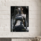 A vertical wall art print featuring a fantasy elf woman in dark armor, displayed on a white brick wall above a mantel with dried flowers.