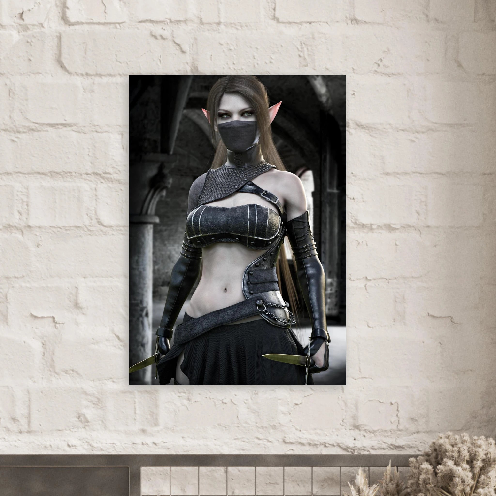 A vertical wall art print featuring a fantasy elf woman in dark armor, displayed on a white brick wall above a mantel with dried flowers.