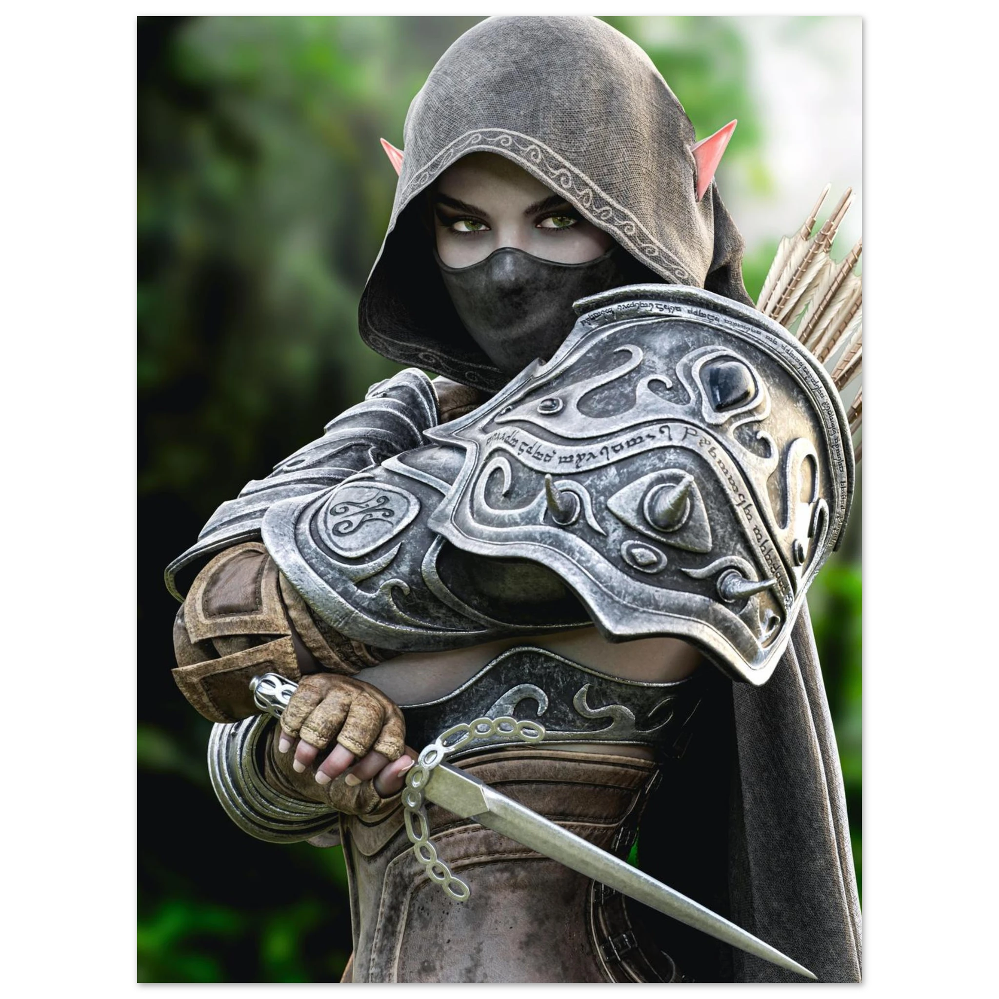Hooded Dark Elf Rogue Assassin wall art featuring a masked female elven warrior with emerald eyes, engraved silver armor, a razor-sharp dagger, and a quiver of arrows in an enchanted forest. Handcrafted fantasy artwork perfect for gaming rooms, RPG fans, and medieval fantasy décor.