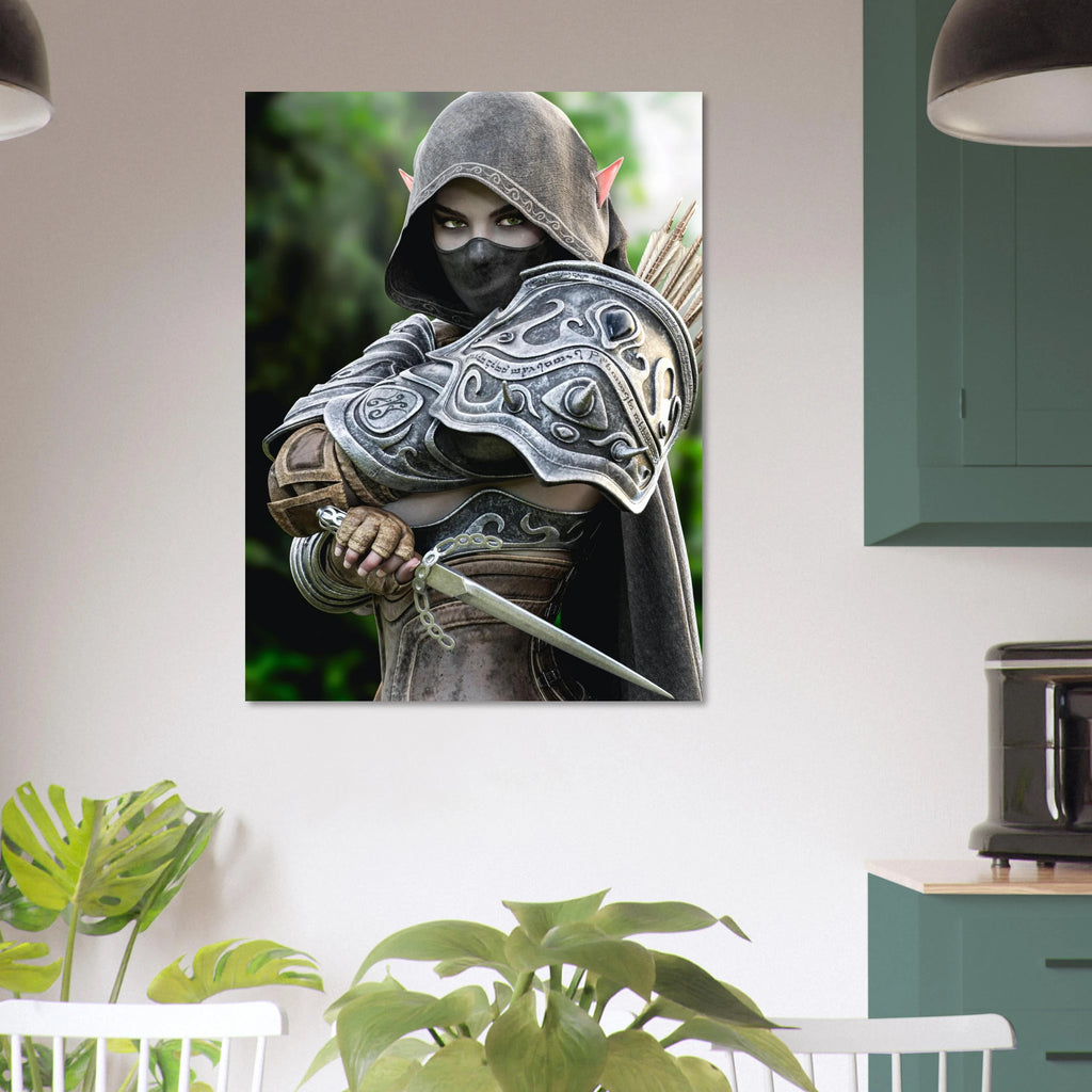 Hooded Dark Elf Rogue Assassin wall art featuring a masked female elven warrior with emerald eyes, engraved silver armor, a razor-sharp dagger, and a quiver of arrows in an enchanted forest. Handcrafted fantasy artwork perfect for gaming rooms, RPG fans, and medieval fantasy décor.