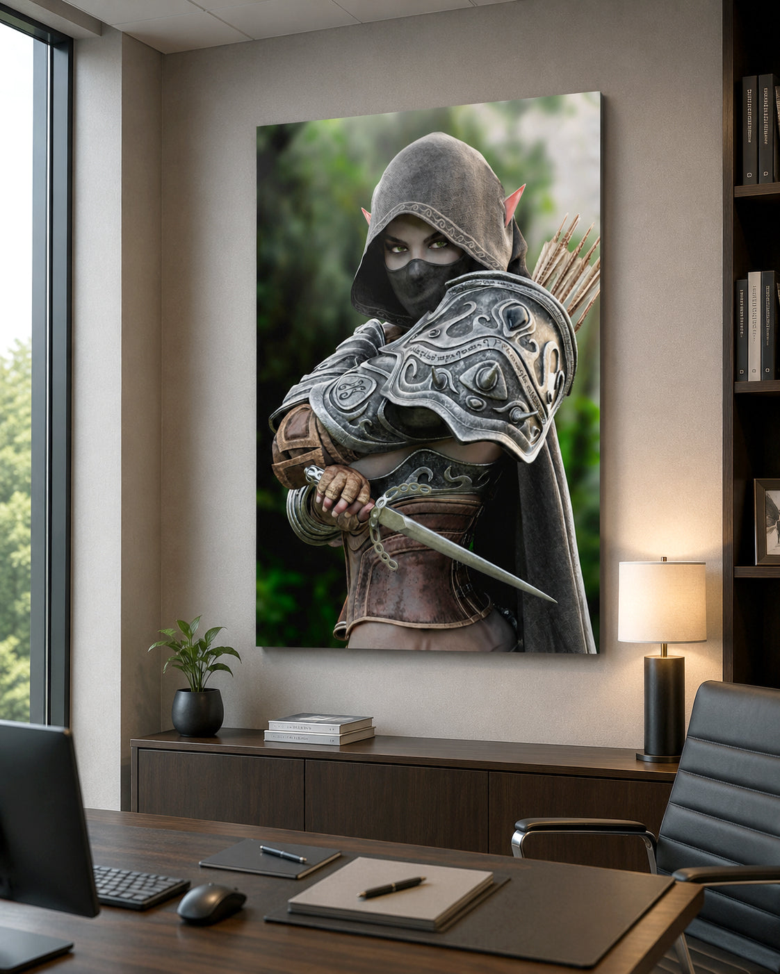 A large vertical wall art print showing a hooded armored figure with a sword and bow, displayed on a beige wall in a modern office setting with a desk, chair, lamp, and window visible.