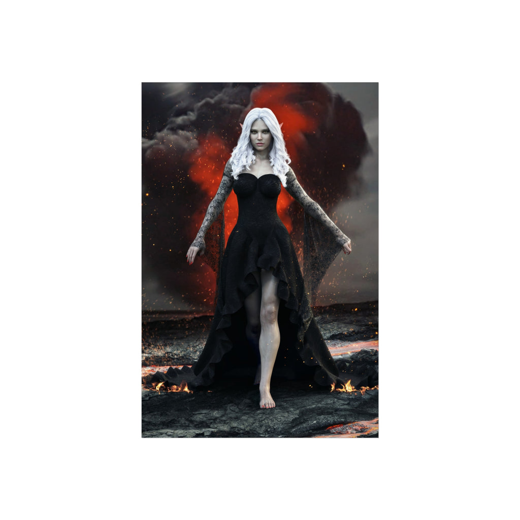Fantasy wall art of a dark elf sorceress with flowing white hair and a black gown, walking through lava, fire, smoke, and glowing embers.