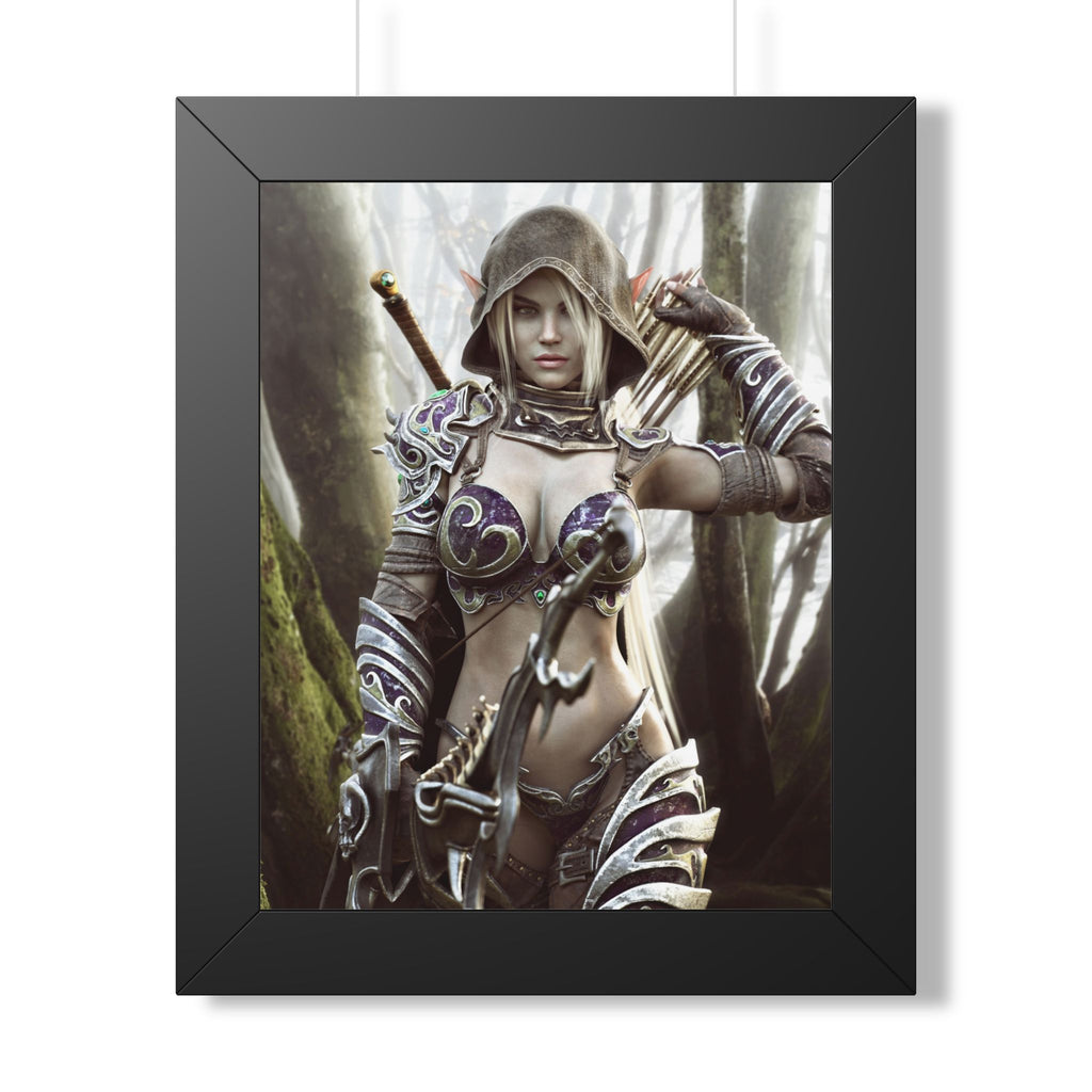 Fantasy wall art featuring a hooded dark elf archer in ornate purple armor, aiming a detailed bow in an enchanted forest filled with mystery.
