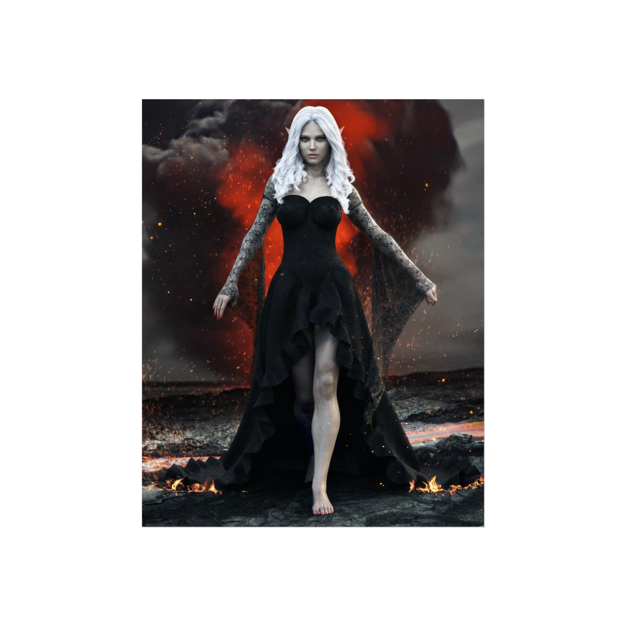 Fantasy wall art of a dark elf sorceress with flowing white hair and a black gown, walking through lava, fire, smoke, and glowing embers.