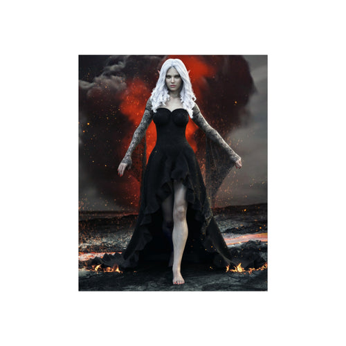 Fantasy wall art of a dark elf sorceress with flowing white hair and a black gown, walking through lava, fire, smoke, and glowing embers.
