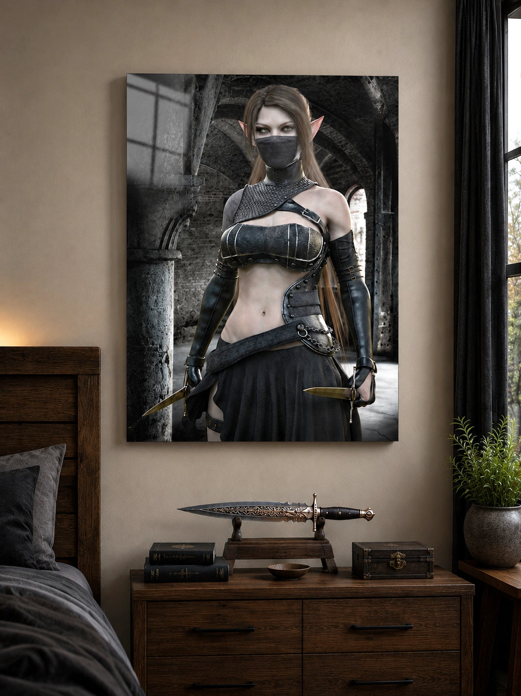A large vertical wall art print showing a fantasy female elf character in dark armor, displayed above a wooden dresser in a styled bedroom setting.