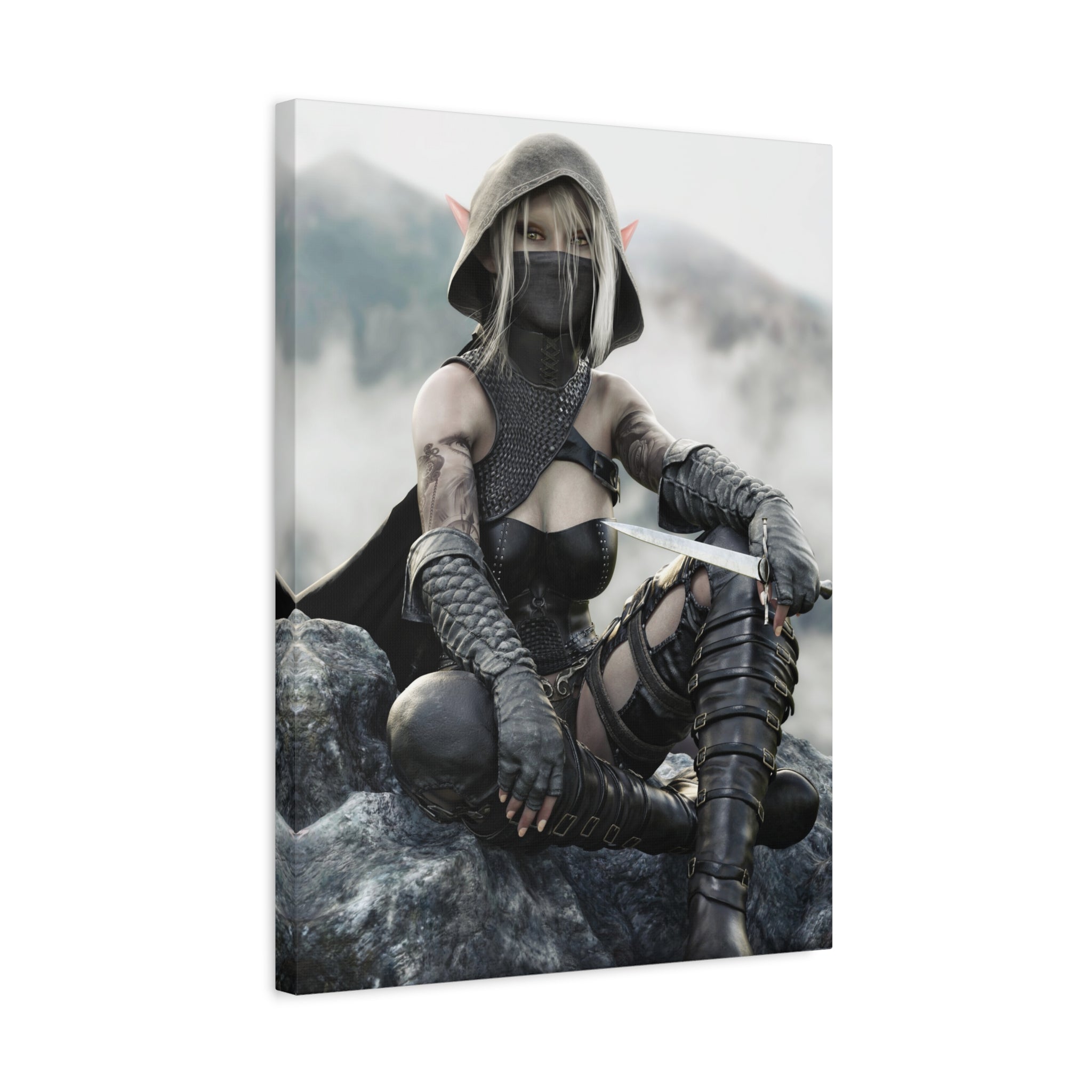 Dark elf assassin with silver hair and golden eyes, wearing black leather armor and a hooded mask, seated on rocky terrain holding a sword in a misty fantasy landscape.