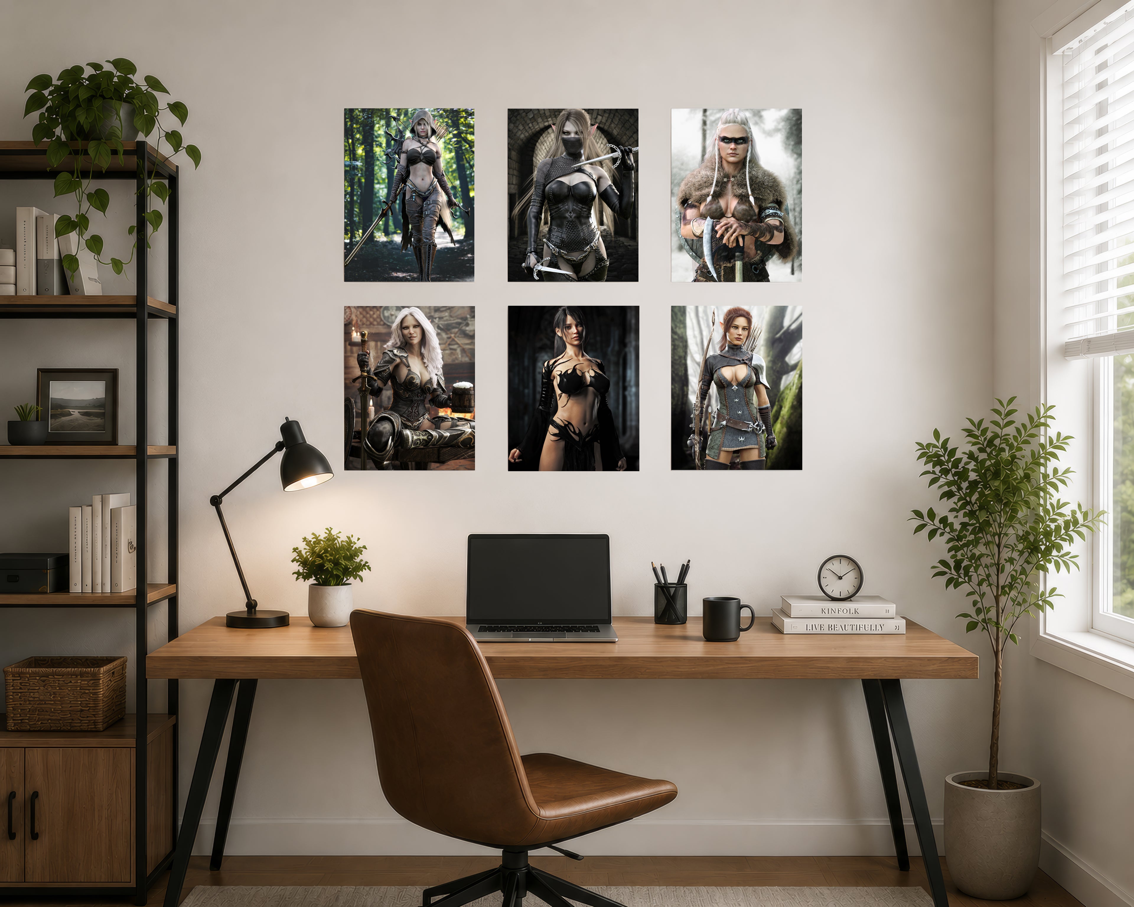 Collection of female fantasy characters on display in an office