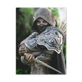 Dark elf assassin wall art featuring a hooded female rogue in ornate armor, wielding a dagger and arrows, standing alert in a forest setting.