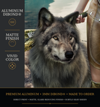 Close-up of a gray wolf companion highlighting vibrant color and crisp detail on an aluminum metal print.