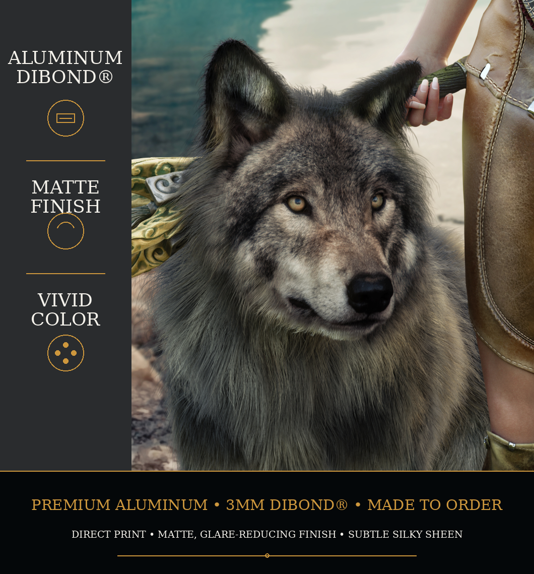 Close-up of a gray wolf companion highlighting vibrant color and crisp detail on an aluminum metal print.