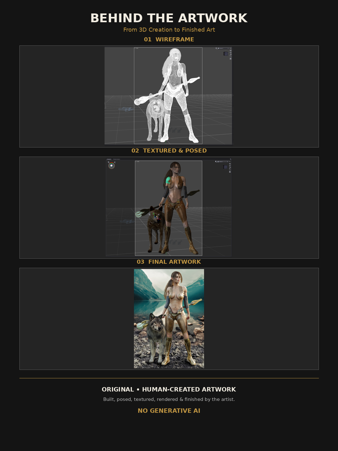 Behind the artwork showing the wireframe, textured and posed 3D scene, and finished Druid and Wolf fantasy artwork by Digital Storm Cinema.