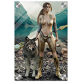 Handcrafted Druid wall art featuring a fantasy druid standing beside her loyal wolf with an ornate staff on the shore of a crystal-clear mountain lake. Fantasy artwork perfect for gaming rooms, RPG fans, nature lovers, and medieval fantasy décor.