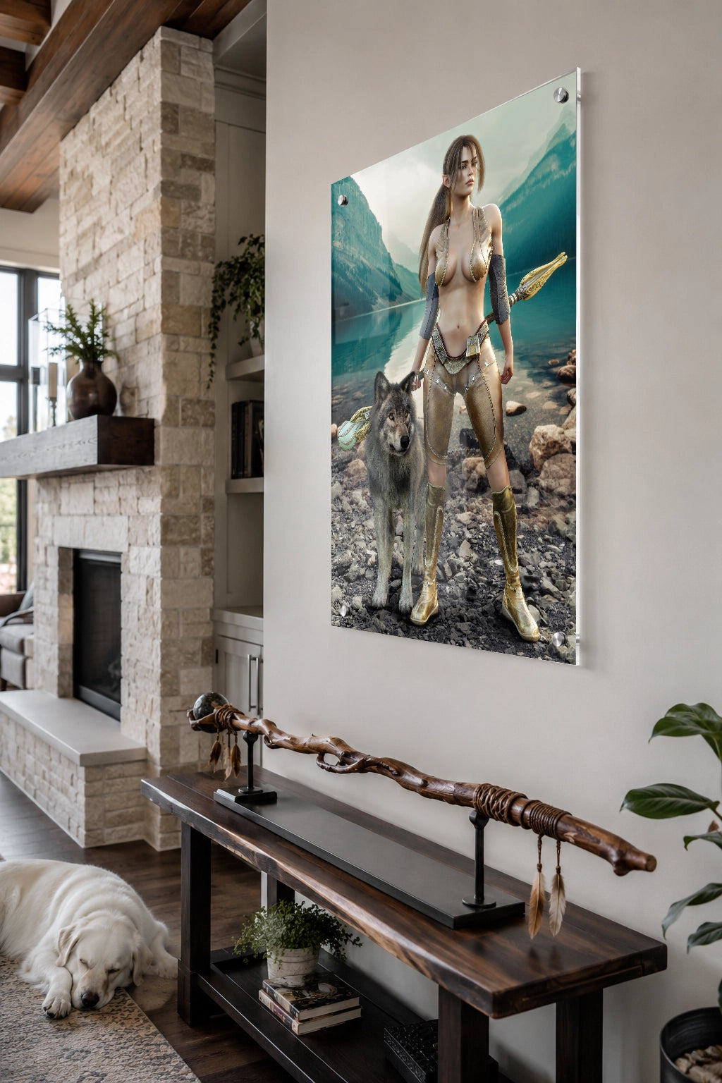Handcrafted Druid wall art featuring a fantasy druid standing beside her loyal wolf with an ornate staff on the shore of a crystal-clear mountain lake. Fantasy artwork perfect for gaming rooms, RPG fans, nature lovers, and medieval fantasy décor.