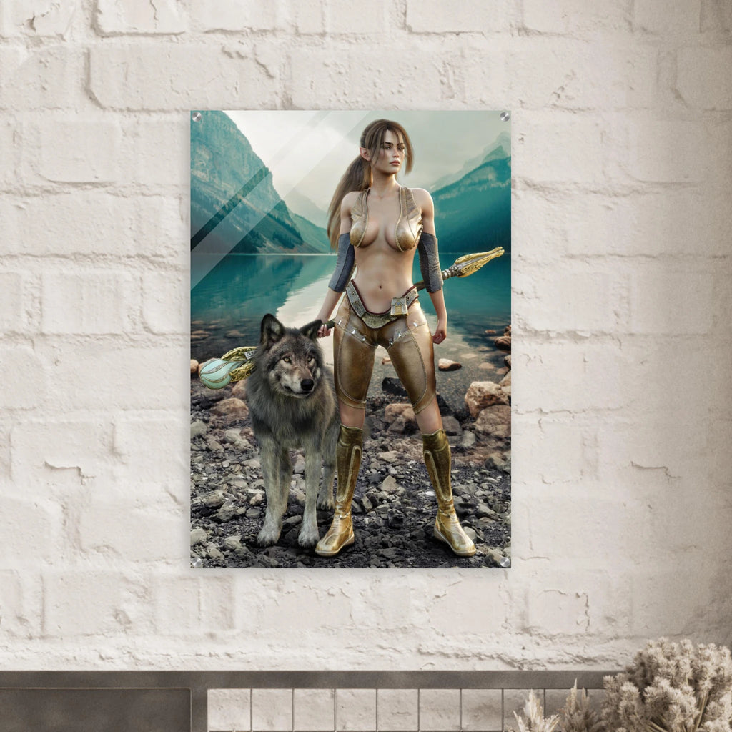 Handcrafted Druid wall art featuring a fantasy druid standing beside her loyal wolf with an ornate staff on the shore of a crystal-clear mountain lake. Fantasy artwork perfect for gaming rooms, RPG fans, nature lovers, and medieval fantasy décor.