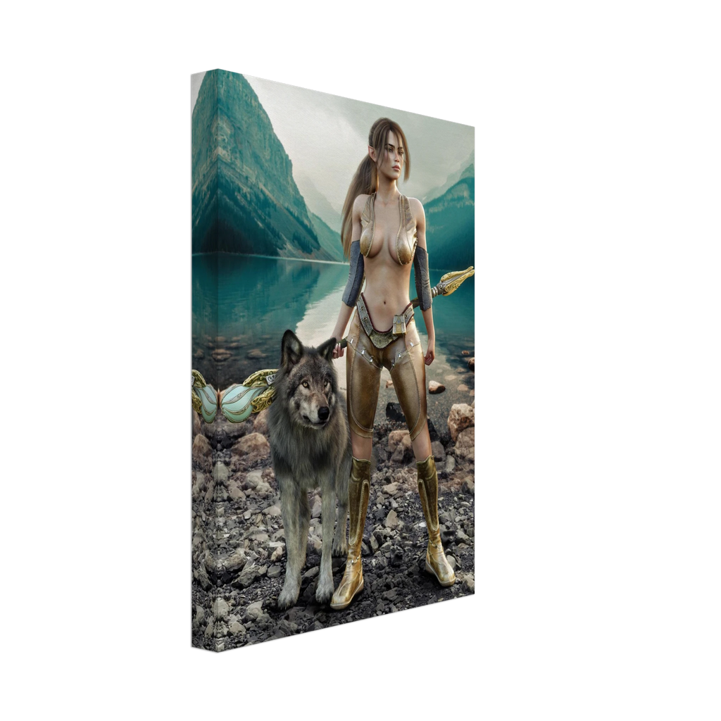 Handcrafted Druid wall art featuring a fantasy druid standing beside her loyal wolf with an ornate staff on the shore of a crystal-clear mountain lake. Fantasy artwork perfect for gaming rooms, RPG fans, nature lovers, and medieval fantasy décor.