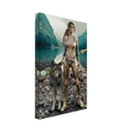 Handcrafted Druid wall art featuring a fantasy druid standing beside her loyal wolf with an ornate staff on the shore of a crystal-clear mountain lake. Fantasy artwork perfect for gaming rooms, RPG fans, nature lovers, and medieval fantasy décor.