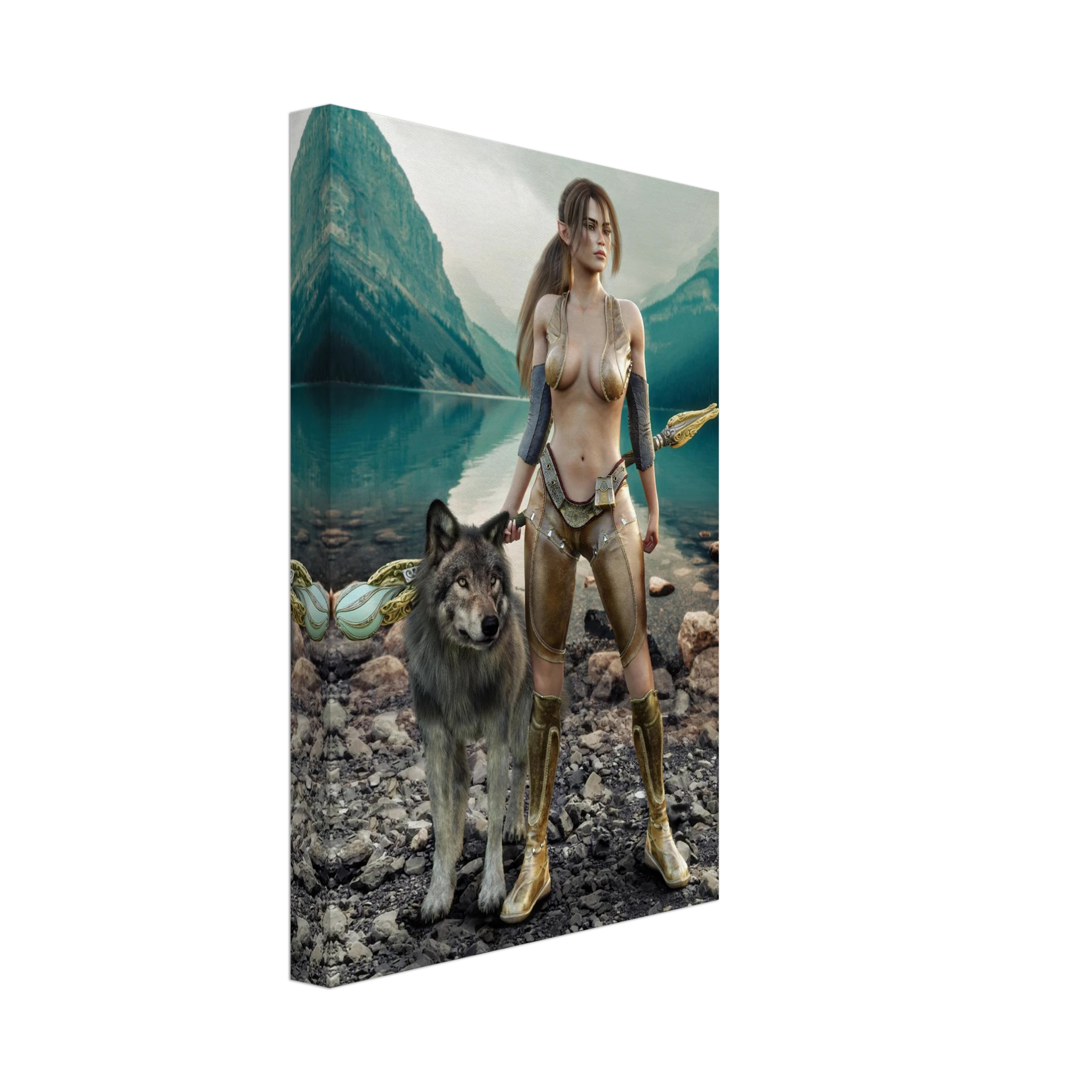 Handcrafted Druid wall art featuring a fantasy druid standing beside her loyal wolf with an ornate staff on the shore of a crystal-clear mountain lake. Fantasy artwork perfect for gaming rooms, RPG fans, nature lovers, and medieval fantasy décor.
