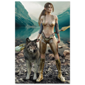 Handcrafted Druid wall art featuring a fantasy druid standing beside her loyal wolf with an ornate staff on the shore of a crystal-clear mountain lake. Fantasy artwork perfect for gaming rooms, RPG fans, nature lovers, and medieval fantasy décor.