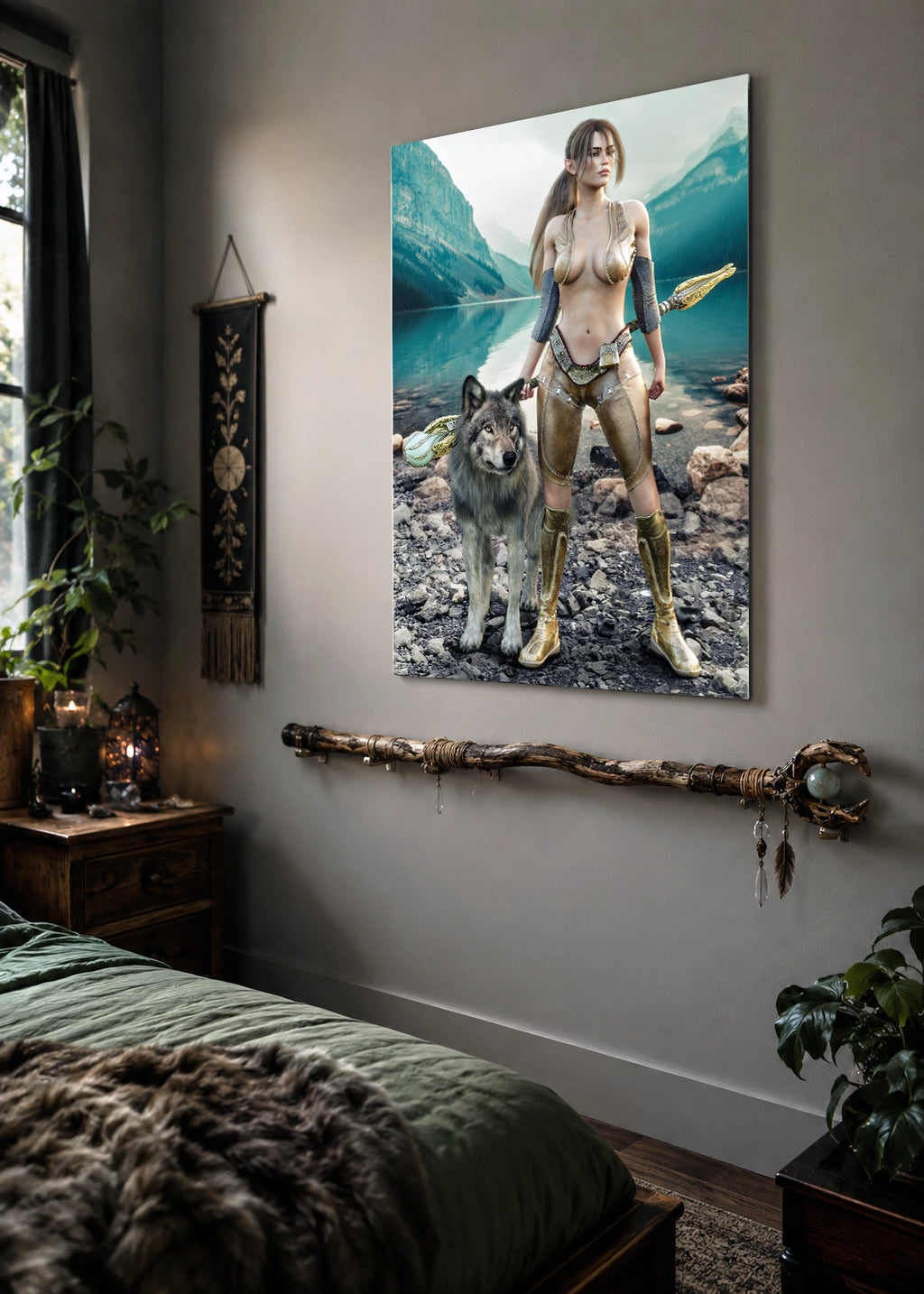 Handcrafted Druid wall art featuring a fantasy druid standing beside her loyal wolf with an ornate staff on the shore of a crystal-clear mountain lake. Fantasy artwork perfect for gaming rooms, RPG fans, nature lovers, and medieval fantasy décor.