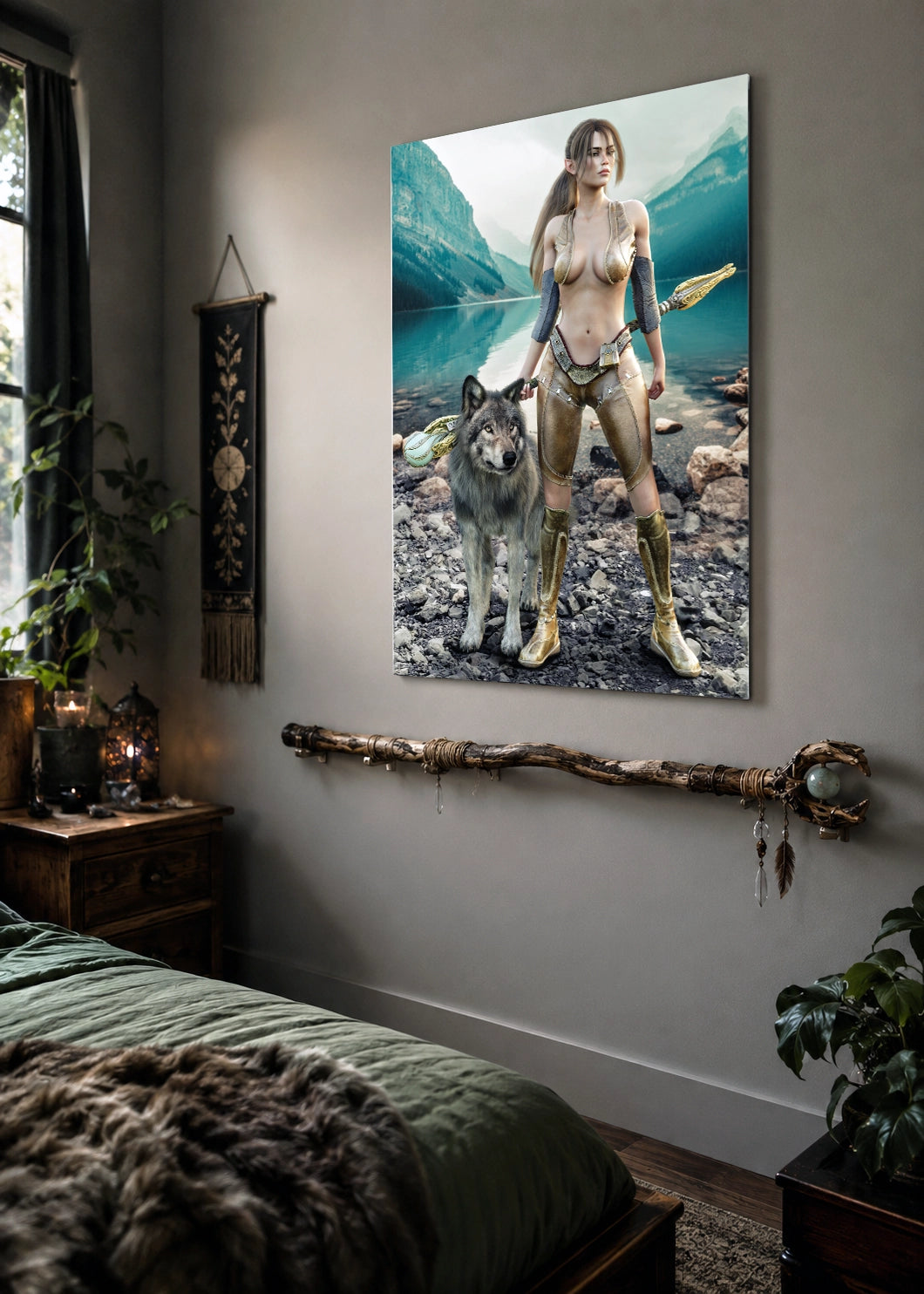 Handcrafted Druid wall art featuring a fantasy druid standing beside her loyal wolf with an ornate staff on the shore of a crystal-clear mountain lake. Fantasy artwork perfect for gaming rooms, RPG fans, nature lovers, and medieval fantasy décor.