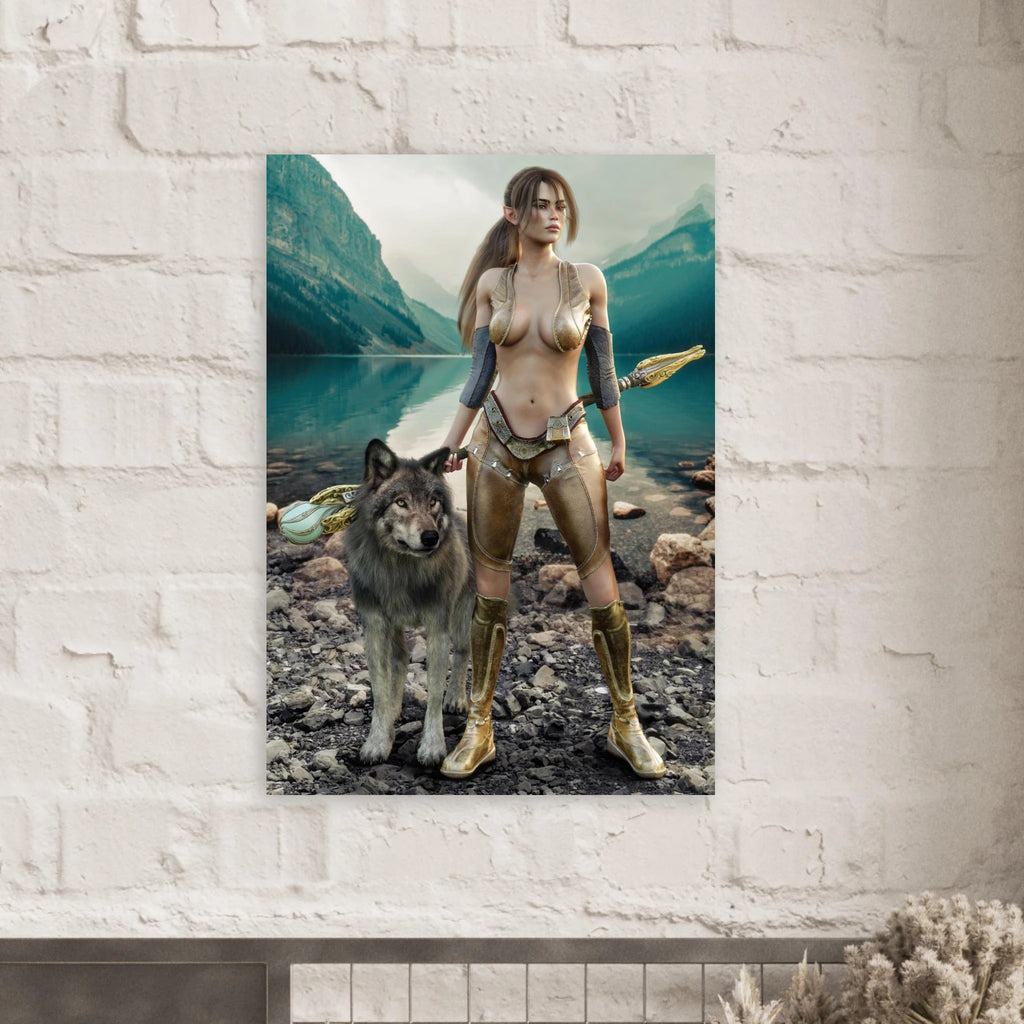 Handcrafted Druid wall art featuring a fantasy druid standing beside her loyal wolf with an ornate staff on the shore of a crystal-clear mountain lake. Fantasy artwork perfect for gaming rooms, RPG fans, nature lovers, and medieval fantasy décor.