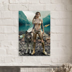 Handcrafted Druid wall art featuring a fantasy druid standing beside her loyal wolf with an ornate staff on the shore of a crystal-clear mountain lake. Fantasy artwork perfect for gaming rooms, RPG fans, nature lovers, and medieval fantasy décor.
