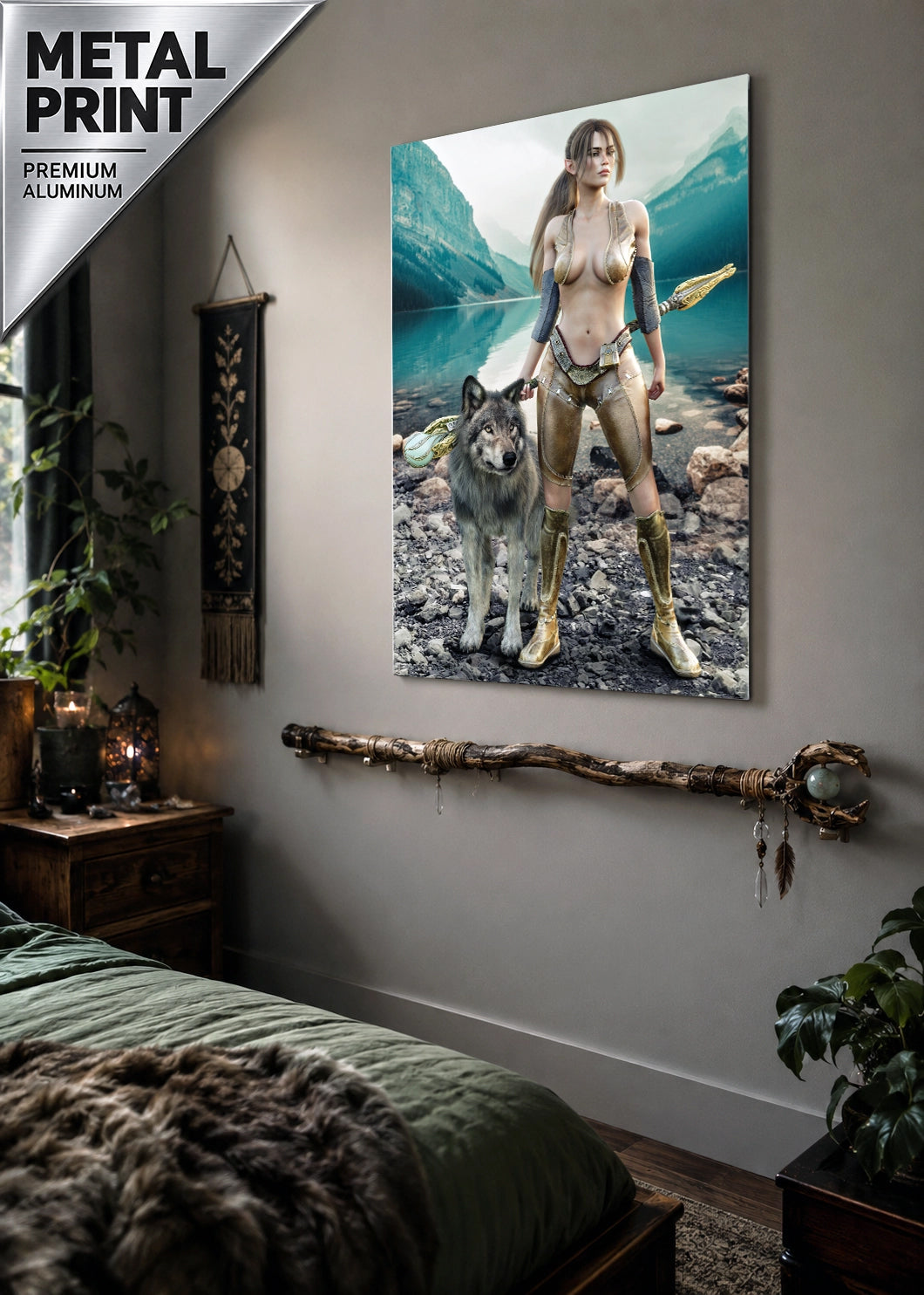 Handcrafted Druid wall art featuring a fantasy druid standing beside her loyal wolf with an ornate staff on the shore of a crystal-clear mountain lake. Fantasy artwork perfect for gaming rooms, RPG fans, nature lovers, and medieval fantasy décor.
