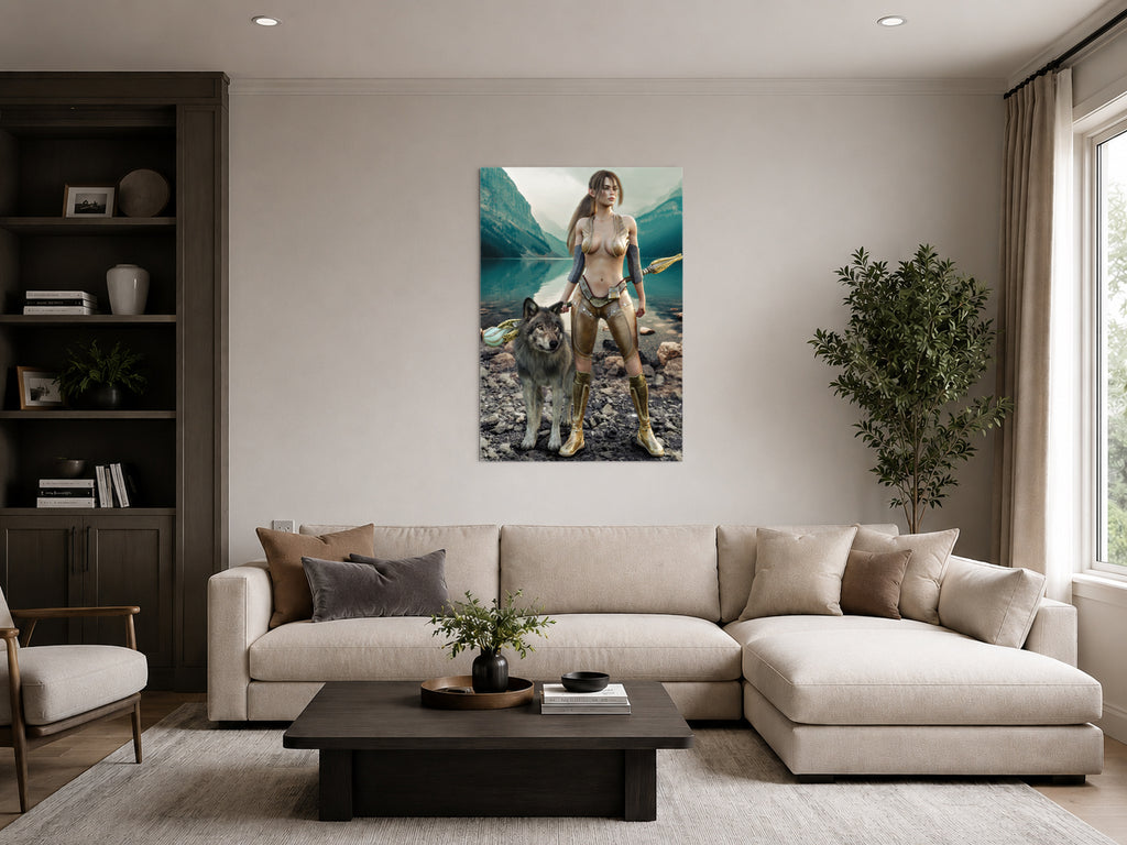 A vertical canvas art print depicting a fantasy scene of a woman with a wolf in front of a mountain lake, displayed on a beige wall above a modern beige sectional sofa in a styled living room.