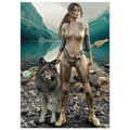 A vertical art print or poster depicting a fantasy scene of a woman in metallic bronze and gold warrior armor standing on a rocky lakeshore with a gray wolf, set against mountains and a calm lake.