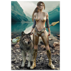 A vertical art print or poster depicting a fantasy scene of a woman in metallic bronze and gold warrior armor standing on a rocky lakeshore with a gray wolf, set against mountains and a calm lake.