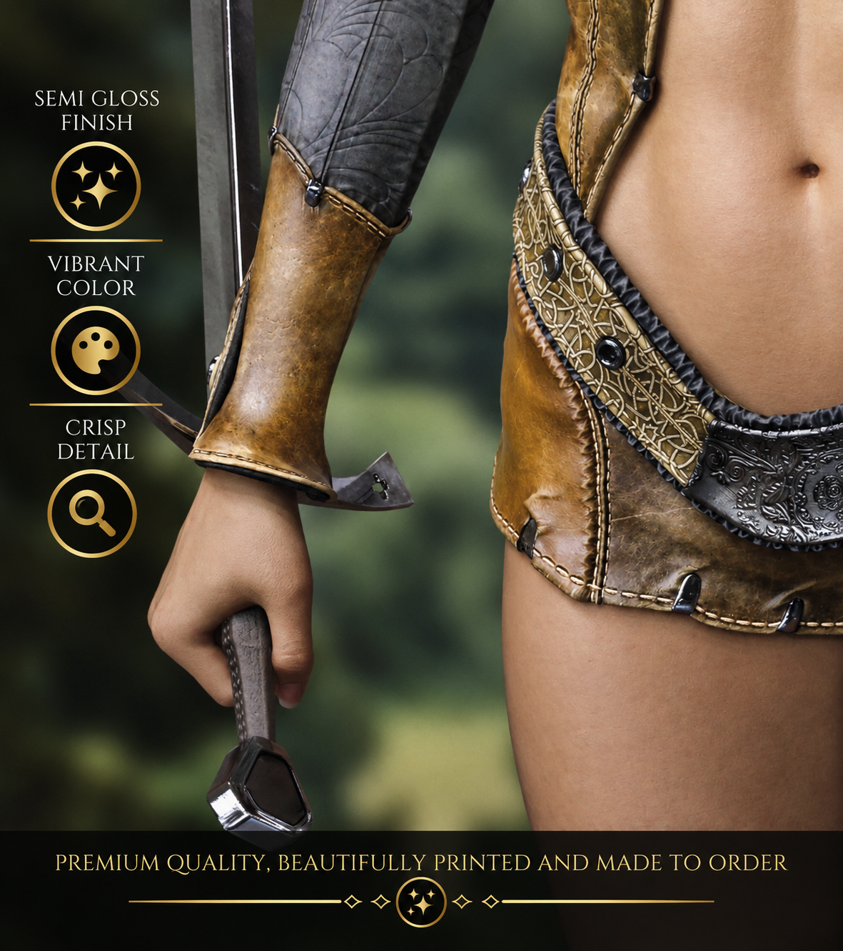 Close-up detail of a female dual-wielding sword warrior showing ornate gold and leather armor, sword hilt, and crisp fantasy artwork with semi-gloss finish.