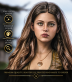 Close-up portrait of a female dual-wielding sword warrior with long brown hair and green eyes, highlighting vibrant color and crisp detail of the fantasy poster artwork.