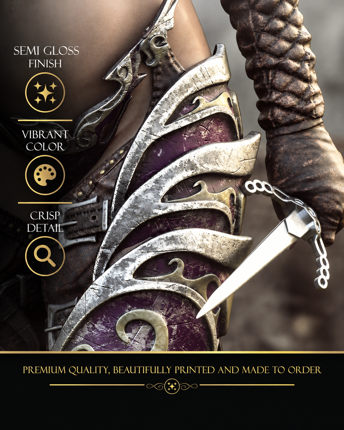Close-up of elf assassin fantasy poster showing ornate purple and silver armor, chained dagger, crisp detail and vibrant semi-gloss print quality.