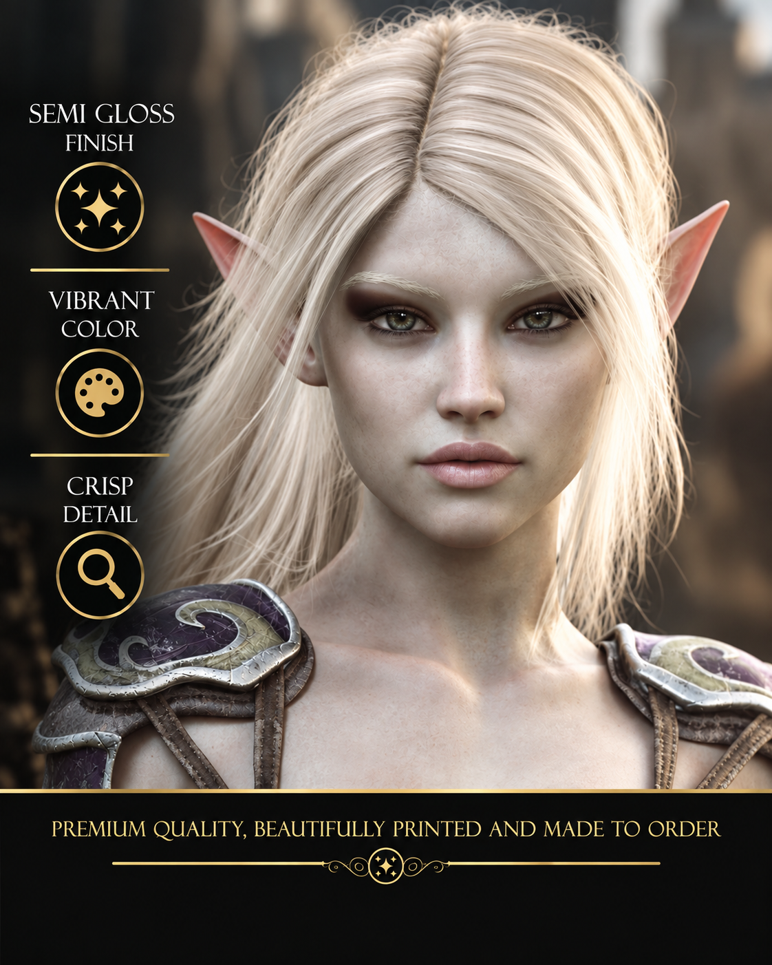 Close-up of blonde elf assassin fantasy wall art showing facial detail, vibrant color and premium semi-gloss poster print quality.