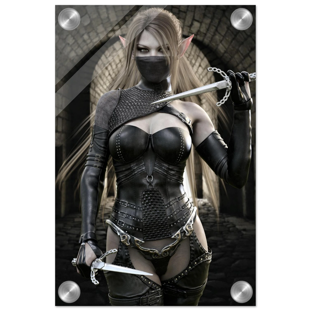 Handcrafted Elf Assassin wall art featuring a masked female elven rogue wielding twin daggers inside an ancient stone fortress. Fantasy artwork perfect for gaming rooms, RPG fans, and medieval fantasy décor.