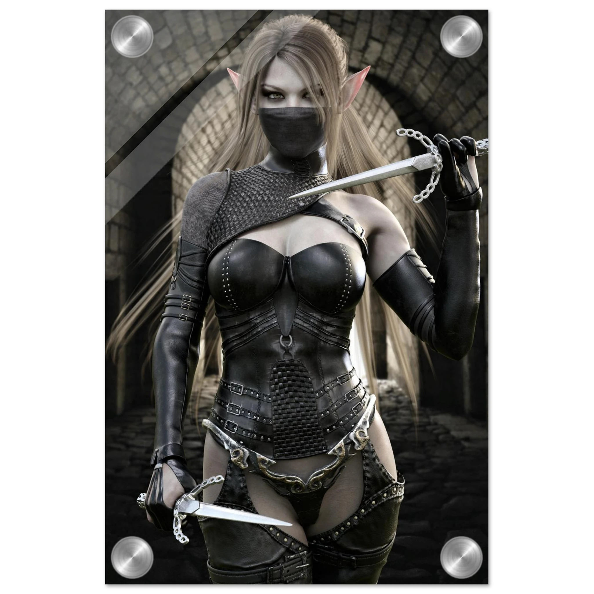 Handcrafted Elf Assassin wall art featuring a masked female elven rogue wielding twin daggers inside an ancient stone fortress. Fantasy artwork perfect for gaming rooms, RPG fans, and medieval fantasy décor.