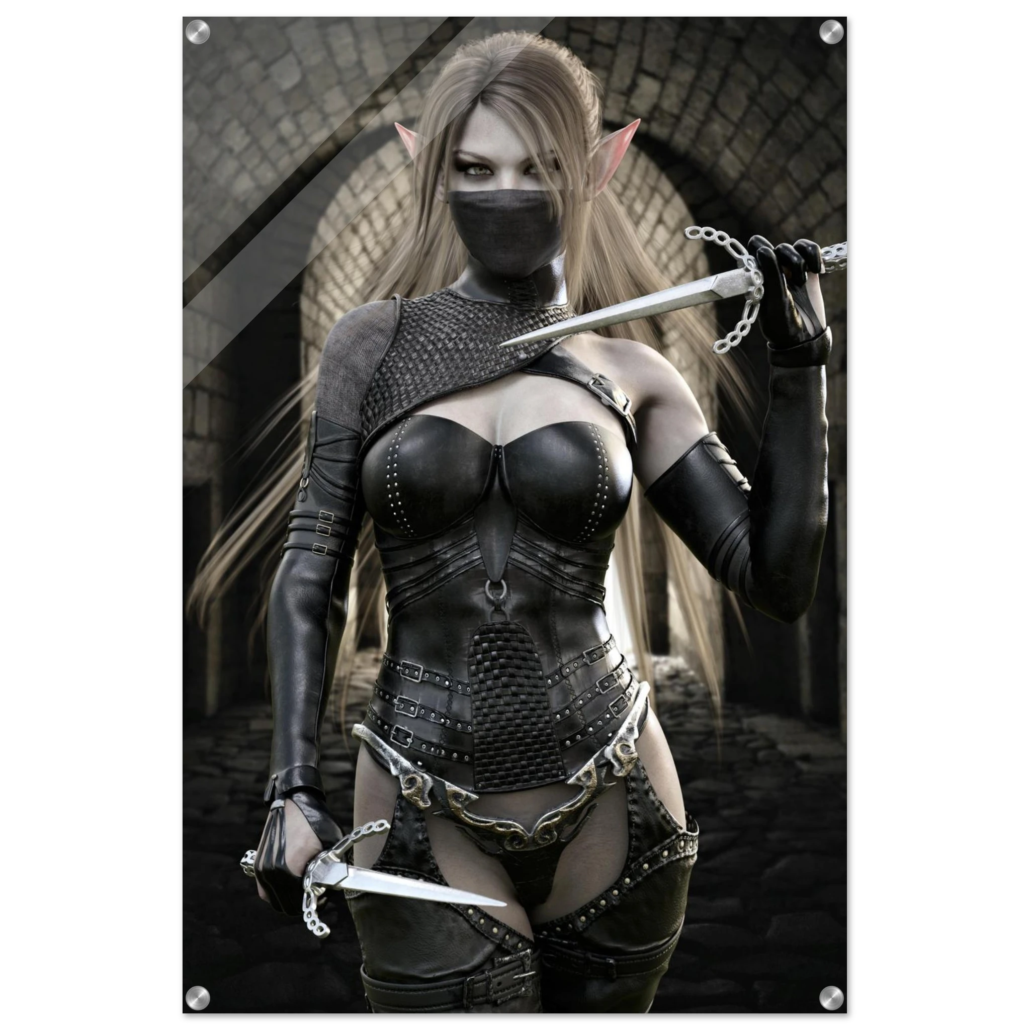 Handcrafted Elf Assassin wall art featuring a masked female elven rogue wielding twin daggers inside an ancient stone fortress. Fantasy artwork perfect for gaming rooms, RPG fans, and medieval fantasy décor.