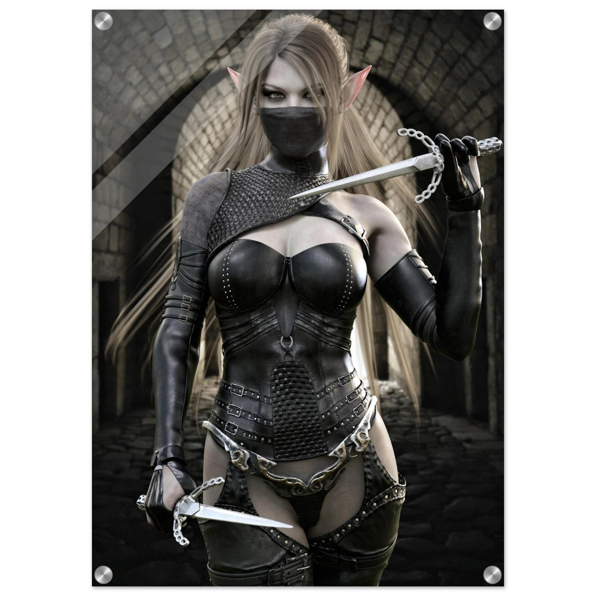 Handcrafted Elf Assassin wall art featuring a masked female elven rogue wielding twin daggers inside an ancient stone fortress. Fantasy artwork perfect for gaming rooms, RPG fans, and medieval fantasy décor.