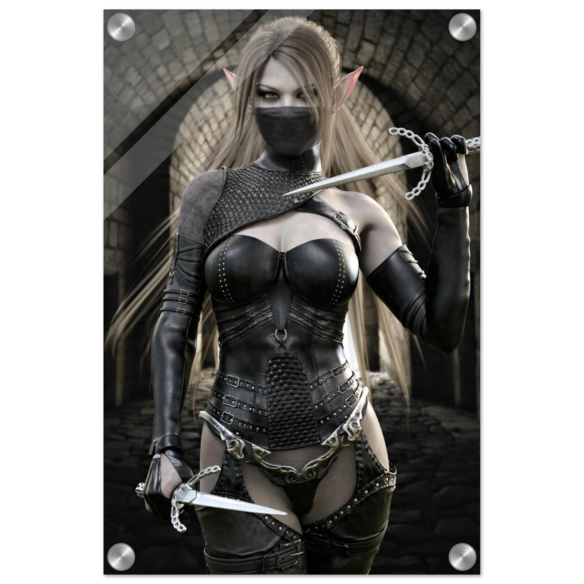 Handcrafted Elf Assassin wall art featuring a masked female elven rogue wielding twin daggers inside an ancient stone fortress. Fantasy artwork perfect for gaming rooms, RPG fans, and medieval fantasy décor.